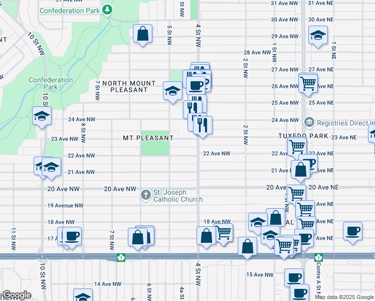 map of restaurants, bars, coffee shops, grocery stores, and more near in Calgary