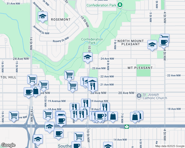map of restaurants, bars, coffee shops, grocery stores, and more near 2250 10 Street Northwest in Calgary