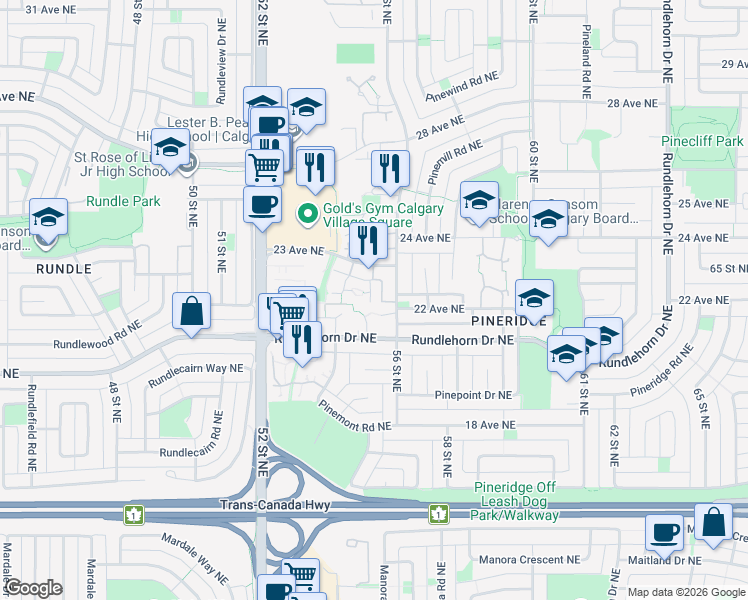 map of restaurants, bars, coffee shops, grocery stores, and more near 2319 56 Street Northeast in Calgary