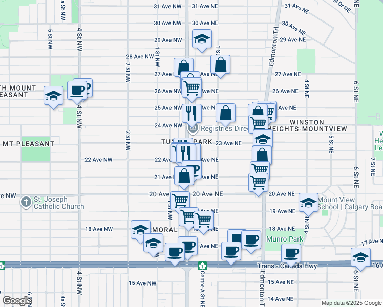 map of restaurants, bars, coffee shops, grocery stores, and more near 112 23 Avenue Northeast in Calgary