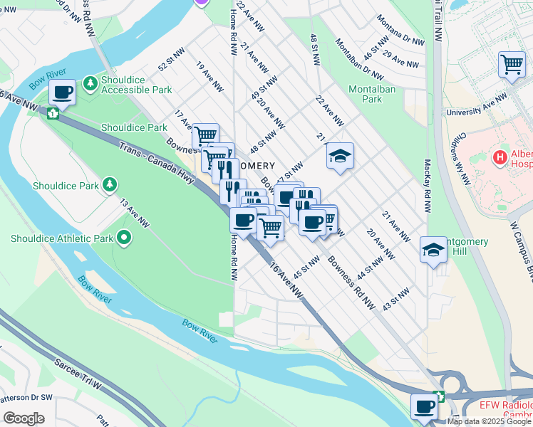 map of restaurants, bars, coffee shops, grocery stores, and more near 4733 Bowness Road Northwest in Calgary