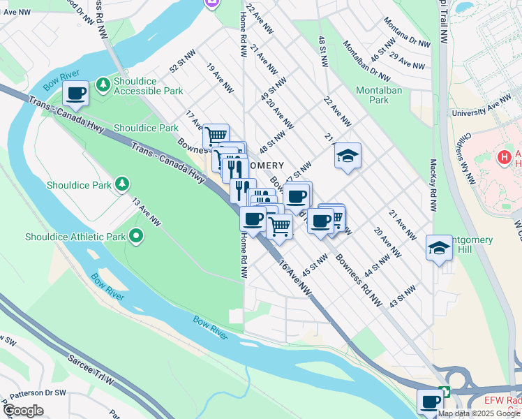 map of restaurants, bars, coffee shops, grocery stores, and more near 4808 17 Avenue Northwest in Calgary