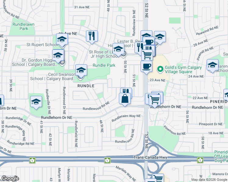 map of restaurants, bars, coffee shops, grocery stores, and more near 4964 Rundlewood Drive Northeast in Calgary