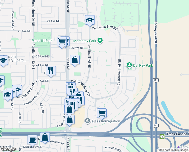 map of restaurants, bars, coffee shops, grocery stores, and more near 2513 Catalina Boulevard Northeast in Calgary