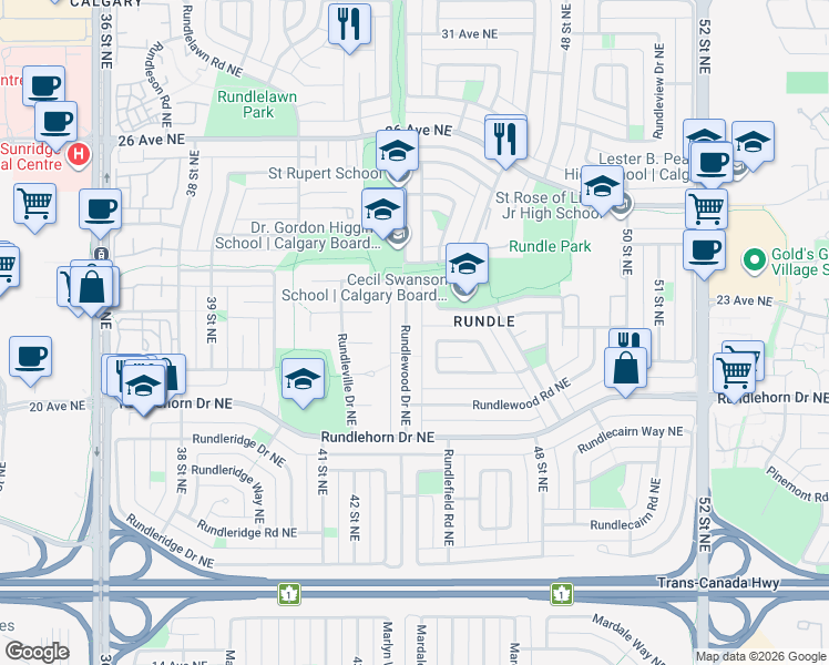 map of restaurants, bars, coffee shops, grocery stores, and more near 4771 Rundlewood Drive Northeast in Calgary