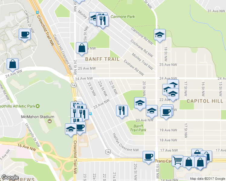 map of restaurants, bars, coffee shops, grocery stores, and more near 2425 22 Street Northwest in Calgary