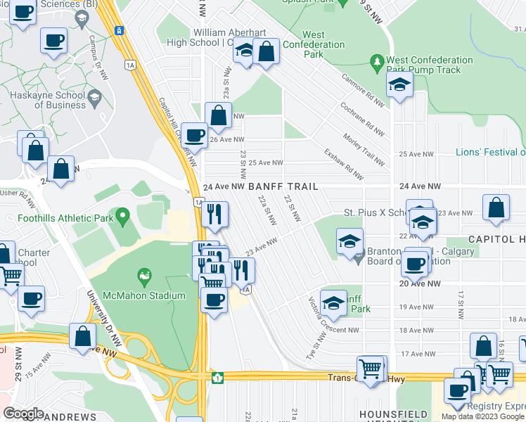 map of restaurants, bars, coffee shops, grocery stores, and more near 2435 22A Street Northwest in Calgary