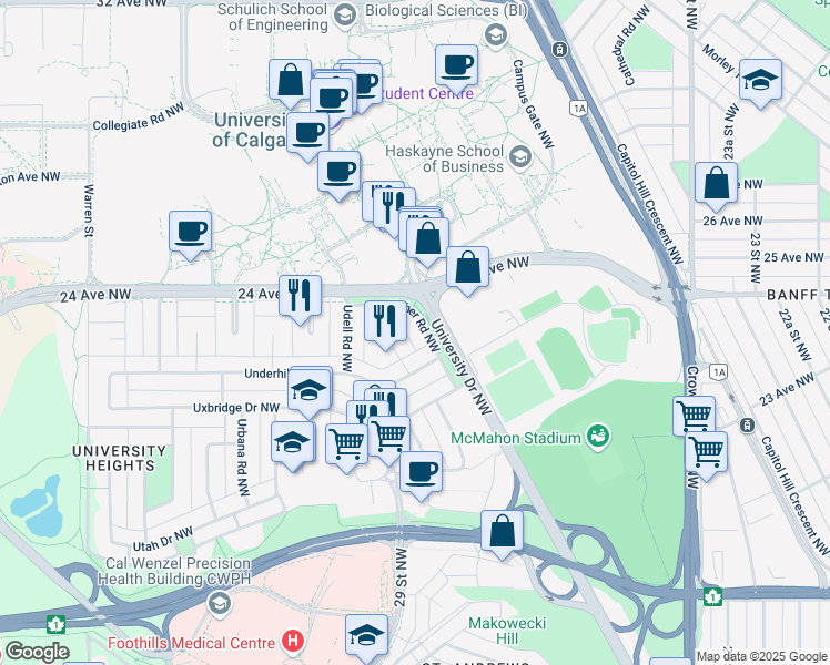 map of restaurants, bars, coffee shops, grocery stores, and more near 2315 Usher Road Northwest in Calgary