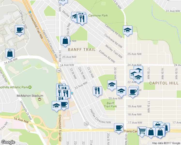 map of restaurants, bars, coffee shops, grocery stores, and more near 2425 22 Street Northwest in Calgary