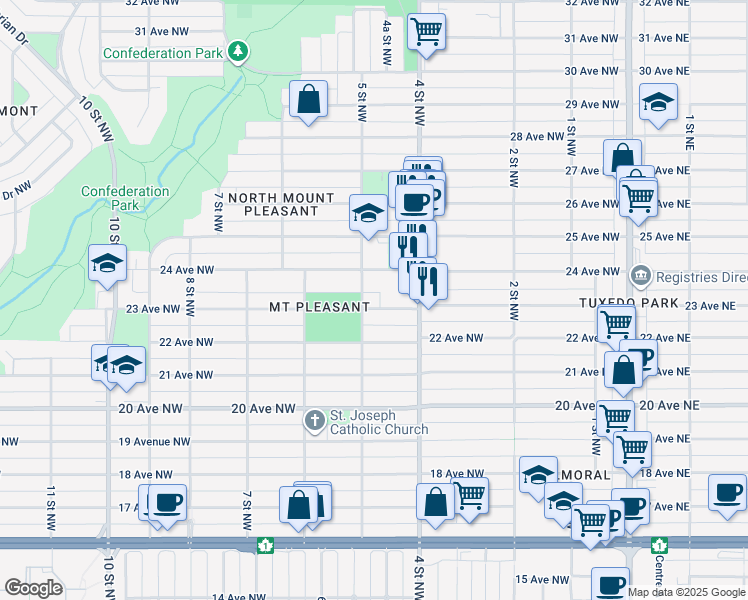 map of restaurants, bars, coffee shops, grocery stores, and more near 534 23 Avenue Northwest in Calgary