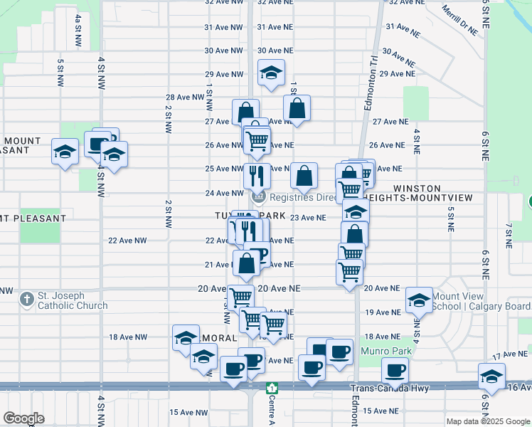 map of restaurants, bars, coffee shops, grocery stores, and more near 112 23 Avenue Northeast in Calgary