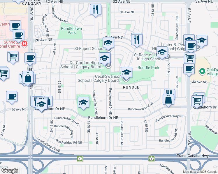 map of restaurants, bars, coffee shops, grocery stores, and more near 4771 Rundlewood Drive Northeast in Calgary