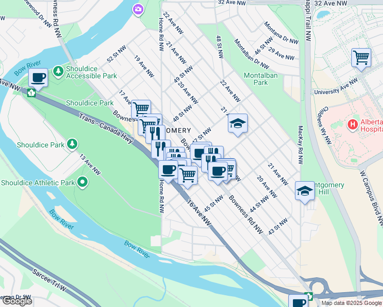 map of restaurants, bars, coffee shops, grocery stores, and more near 4733 Bowness Road Northwest in Calgary