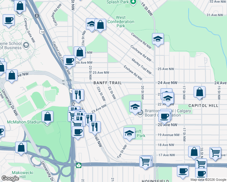map of restaurants, bars, coffee shops, grocery stores, and more near 2424 22 Street Northwest in Calgary