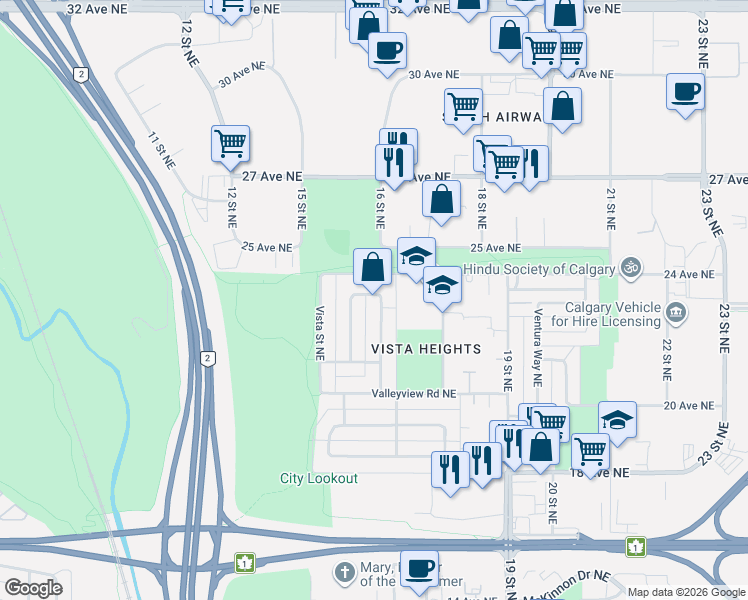 map of restaurants, bars, coffee shops, grocery stores, and more near 2231 Vista Crescent Northeast in Calgary