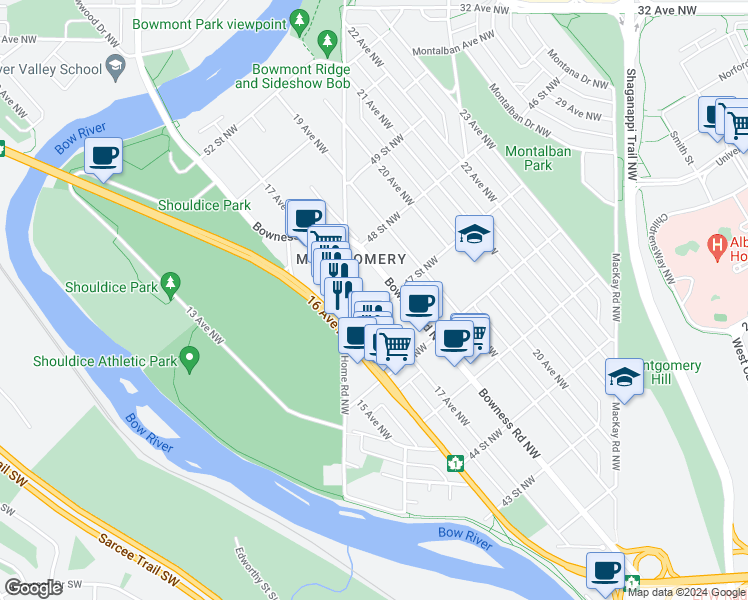 map of restaurants, bars, coffee shops, grocery stores, and more near 4808 17 Avenue Northwest in Calgary