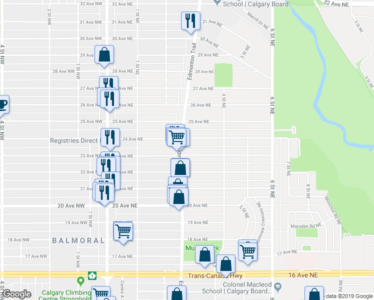 map of restaurants, bars, coffee shops, grocery stores, and more near 410 23 Avenue Northeast in Calgary