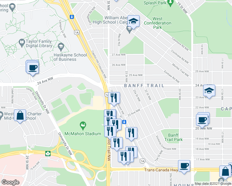 map of restaurants, bars, coffee shops, grocery stores, and more near 2464 Capitol Hill Crescent Northwest in Calgary