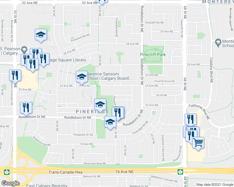 map of restaurants, bars, coffee shops, grocery stores, and more near 400 Pinehill Road Northeast in Calgary