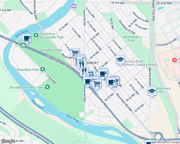 map of restaurants, bars, coffee shops, grocery stores, and more near 4812 17 Avenue Northwest in Calgary