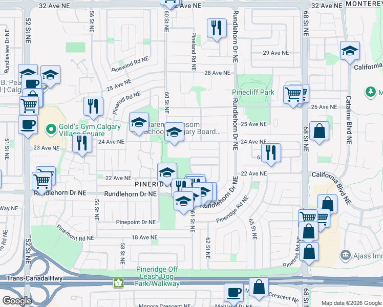 map of restaurants, bars, coffee shops, grocery stores, and more near 400 Pinehill Road Northeast in Calgary