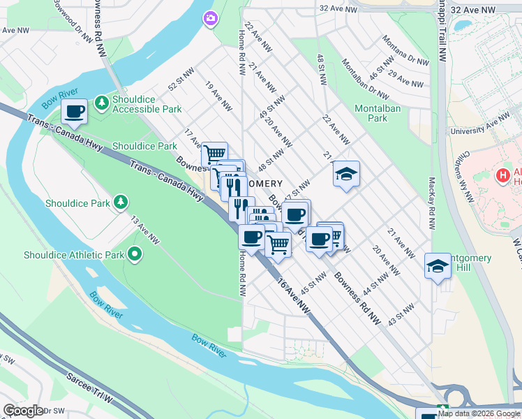 map of restaurants, bars, coffee shops, grocery stores, and more near 4808 17 Avenue Northwest in Calgary