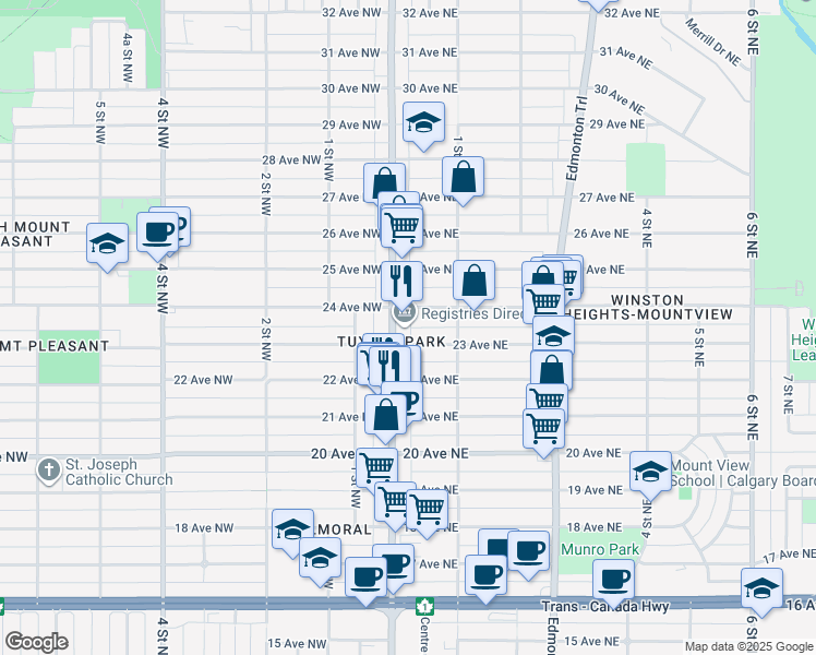 map of restaurants, bars, coffee shops, grocery stores, and more near 112 23 Avenue Northeast in Calgary