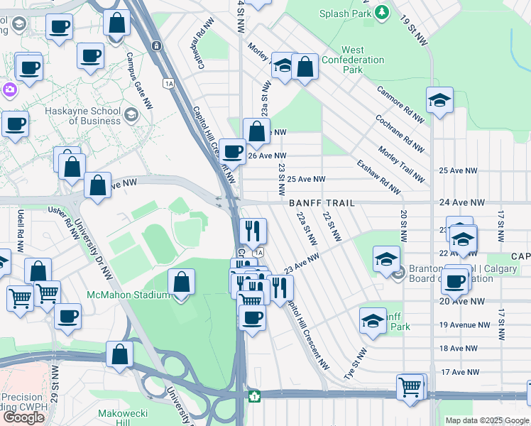 map of restaurants, bars, coffee shops, grocery stores, and more near 2464 Capitol Hill Crescent Northwest in Calgary