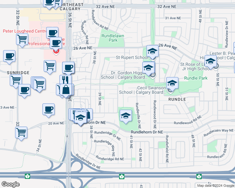 map of restaurants, bars, coffee shops, grocery stores, and more near 228 Rundlemere Road Northeast in Calgary