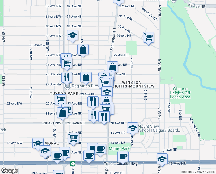 map of restaurants, bars, coffee shops, grocery stores, and more near 410 23 Avenue Northeast in Calgary