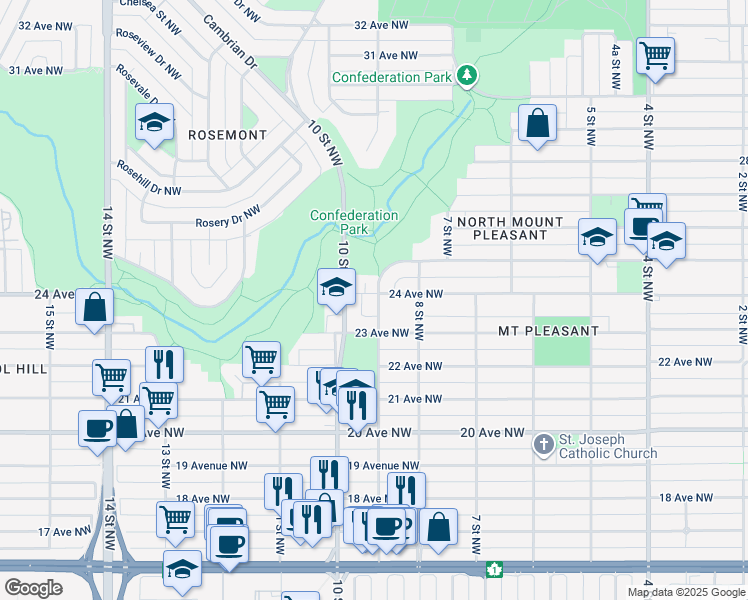 map of restaurants, bars, coffee shops, grocery stores, and more near 1018 23 Avenue Northwest in Calgary