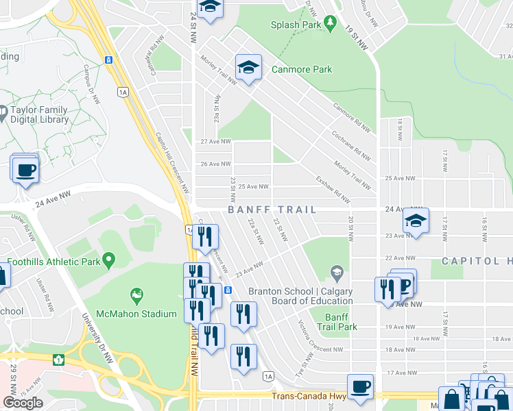 map of restaurants, bars, coffee shops, grocery stores, and more near 2312 24 Avenue Northwest in Calgary
