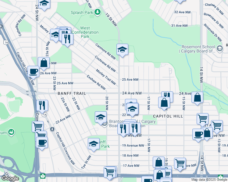map of restaurants, bars, coffee shops, grocery stores, and more near 2012 24 Avenue Northwest in Calgary