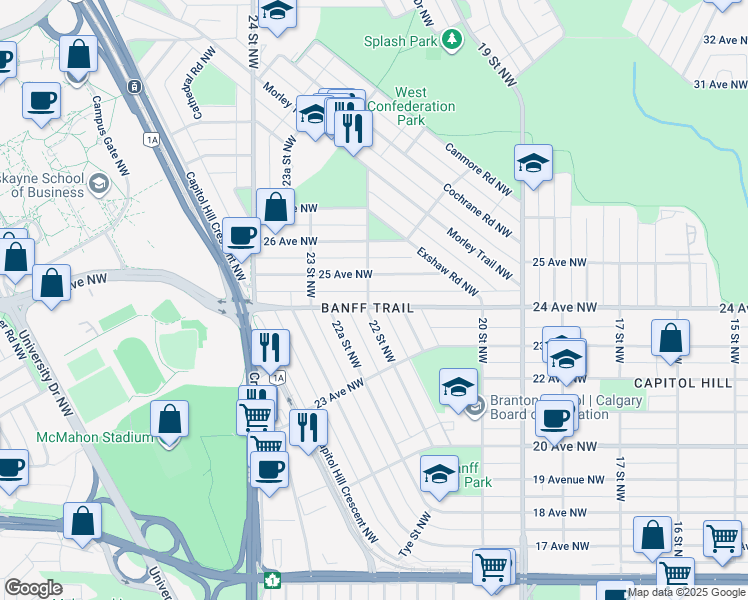 map of restaurants, bars, coffee shops, grocery stores, and more near in Calgary