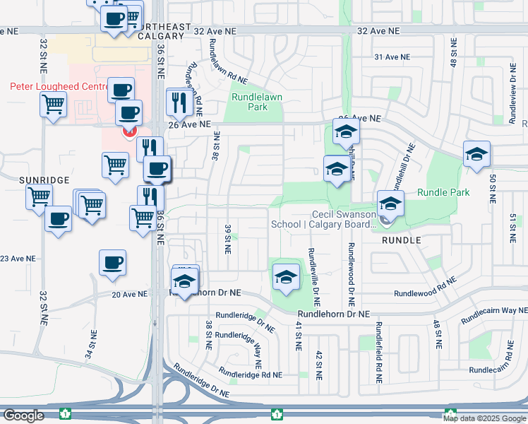 map of restaurants, bars, coffee shops, grocery stores, and more near 228 Rundlemere Road Northeast in Calgary
