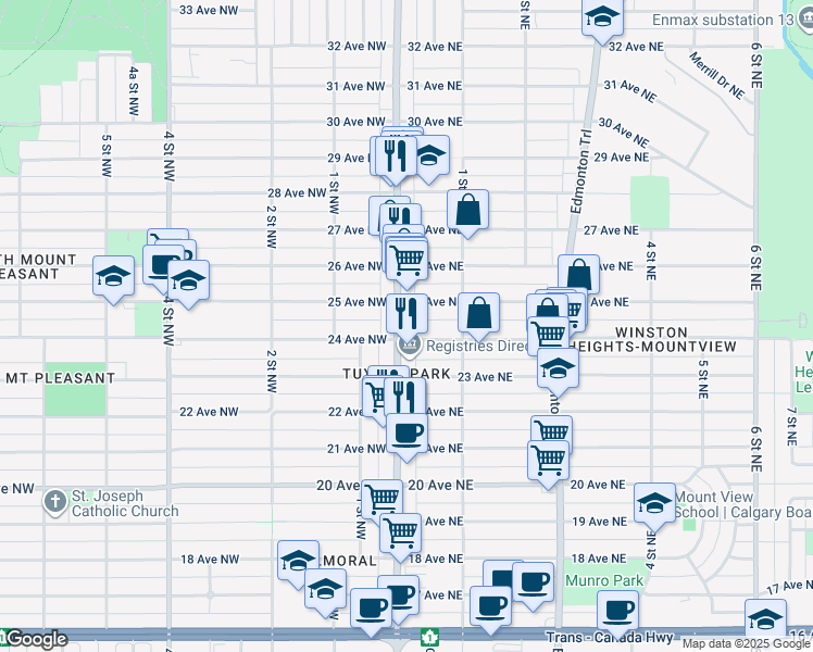map of restaurants, bars, coffee shops, grocery stores, and more near 2610 Centre Street North in Calgary