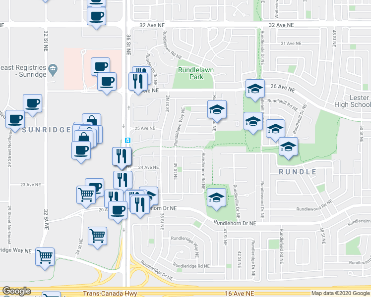 map of restaurants, bars, coffee shops, grocery stores, and more near 251 Rundlemere Road Northeast in Calgary