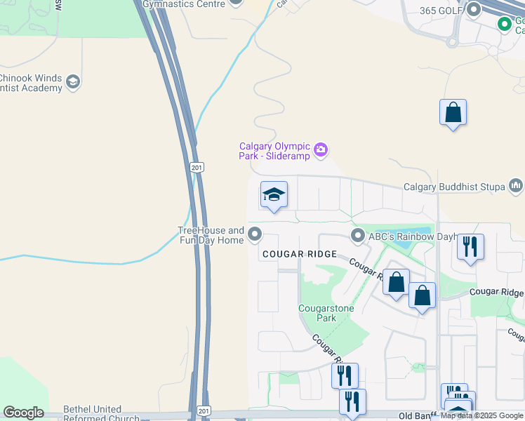 map of restaurants, bars, coffee shops, grocery stores, and more near 51 Cougar Ridge Close Southwest in Calgary