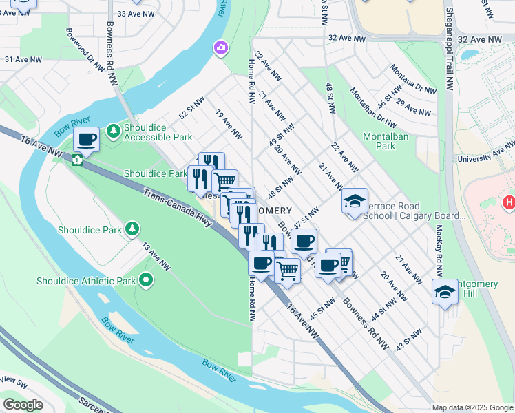 map of restaurants, bars, coffee shops, grocery stores, and more near 1820 Home Road Northwest in Calgary