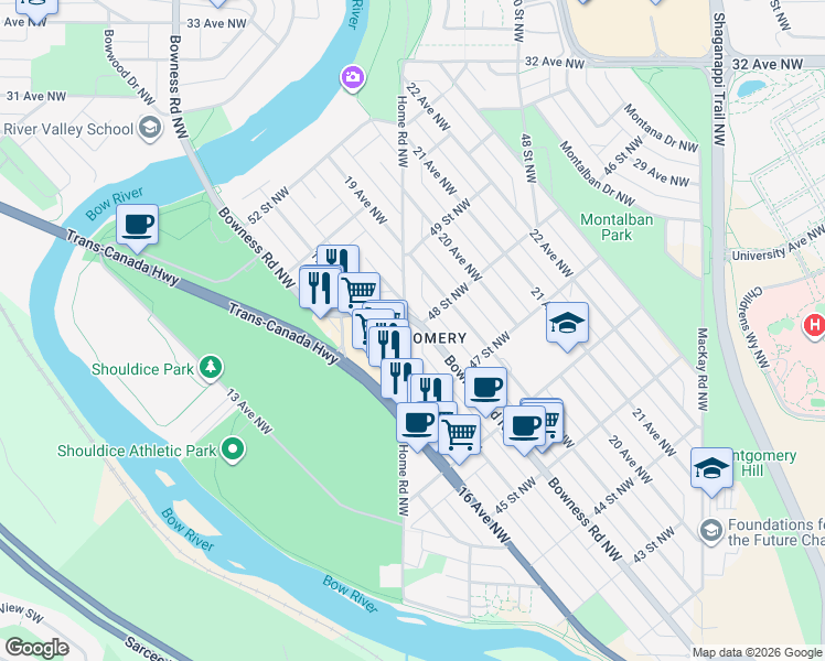 map of restaurants, bars, coffee shops, grocery stores, and more near in Calgary