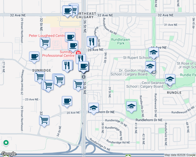 map of restaurants, bars, coffee shops, grocery stores, and more near 2519 38 Street Northeast in Calgary