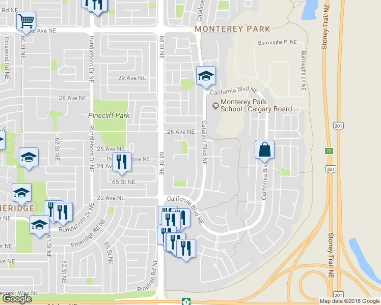 map of restaurants, bars, coffee shops, grocery stores, and more near 73 Del Rio Place Northeast in Calgary