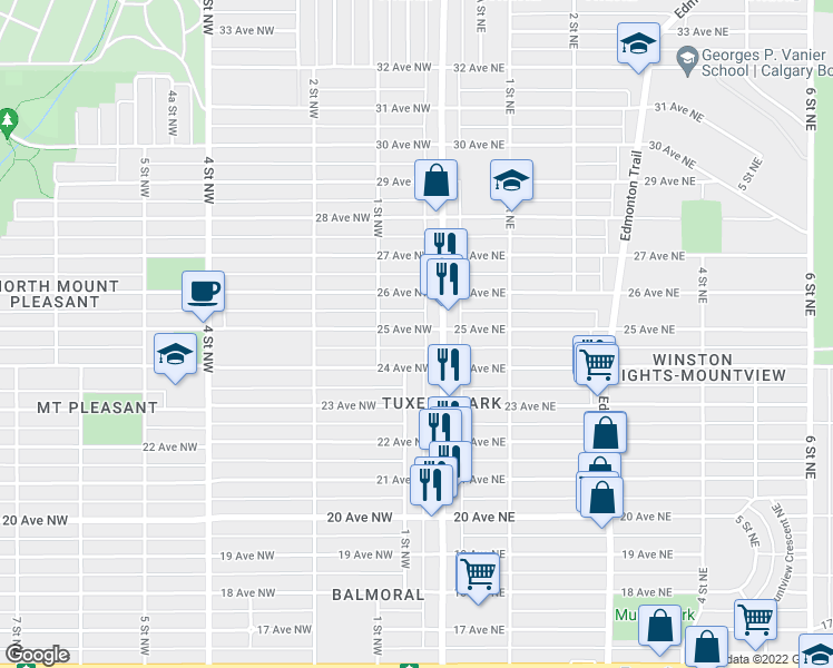 map of restaurants, bars, coffee shops, grocery stores, and more near 2517 Centre Street North in Calgary