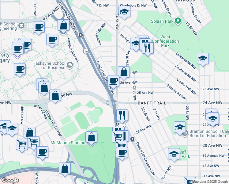 map of restaurants, bars, coffee shops, grocery stores, and more near 2505 24 Street Northwest in Calgary