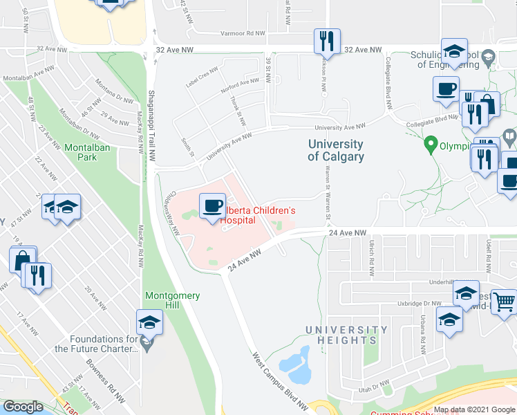 map of restaurants, bars, coffee shops, grocery stores, and more near West Campus Drive in Calgary