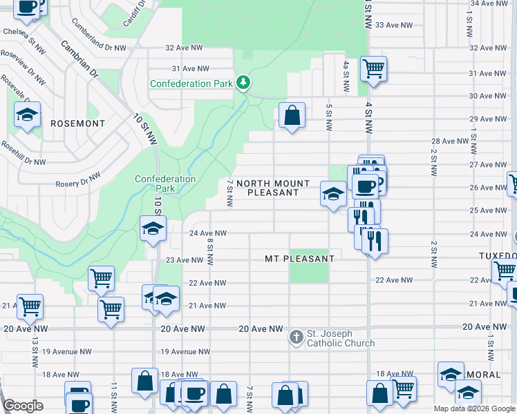 map of restaurants, bars, coffee shops, grocery stores, and more near 707 25 Avenue Northwest in Calgary