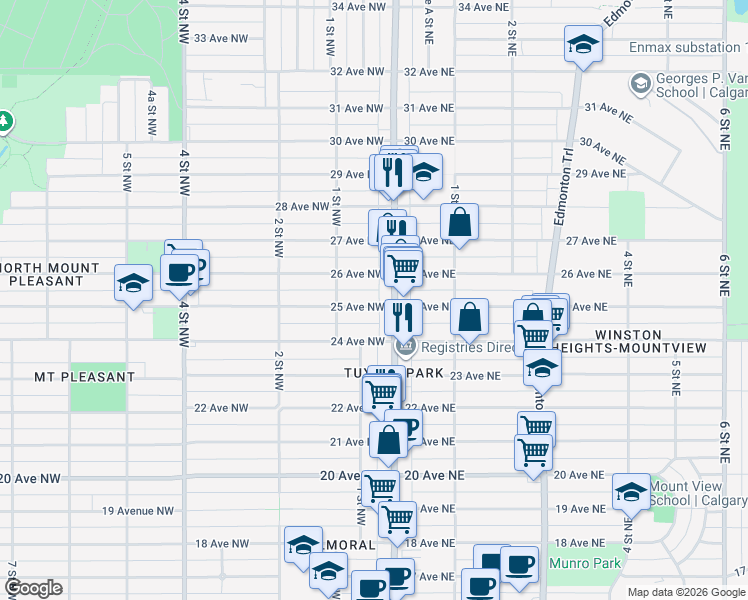 map of restaurants, bars, coffee shops, grocery stores, and more near 2517 Centre Street North in Calgary