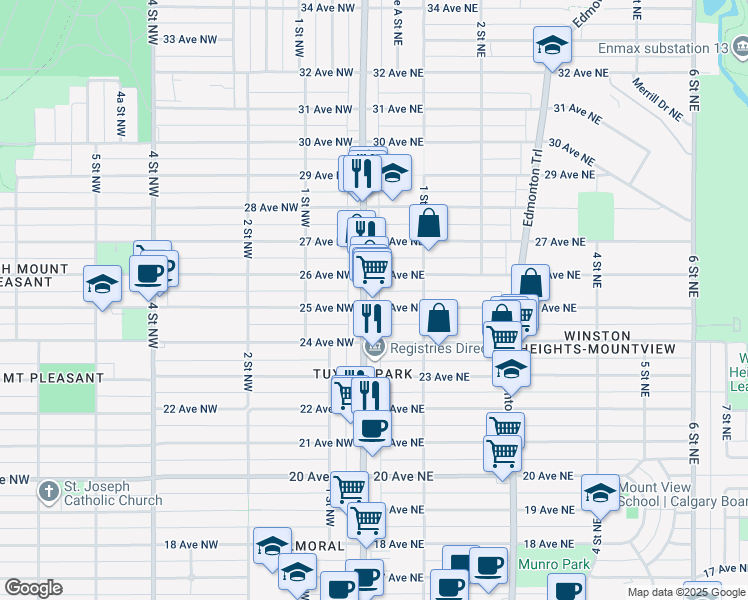 map of restaurants, bars, coffee shops, grocery stores, and more near 2610 Centre Street North in Calgary