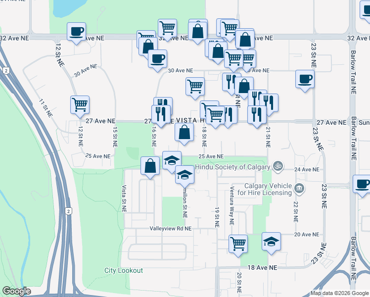 map of restaurants, bars, coffee shops, grocery stores, and more near 1816 25 Avenue Northeast in Calgary
