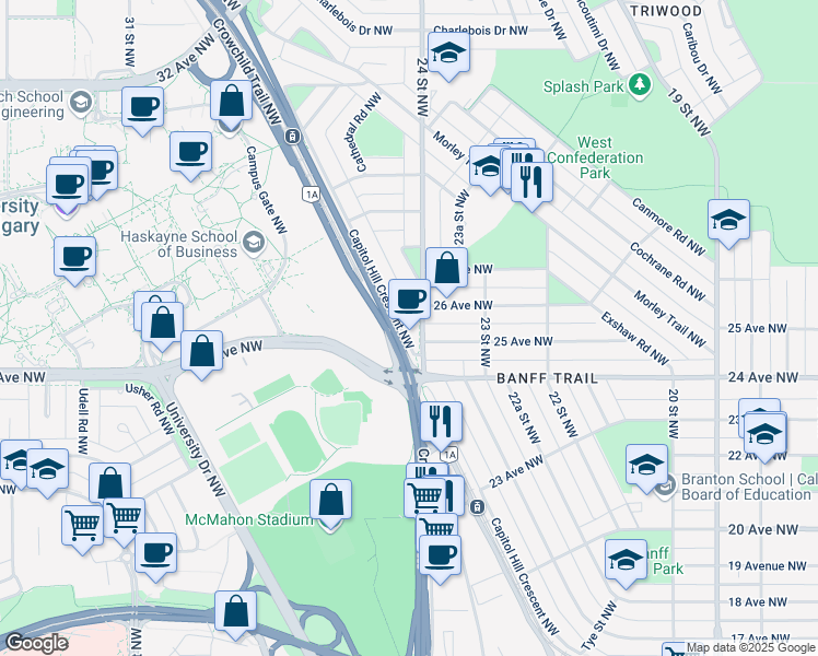 map of restaurants, bars, coffee shops, grocery stores, and more near 2520 Capitol Hill Crescent Northwest in Calgary